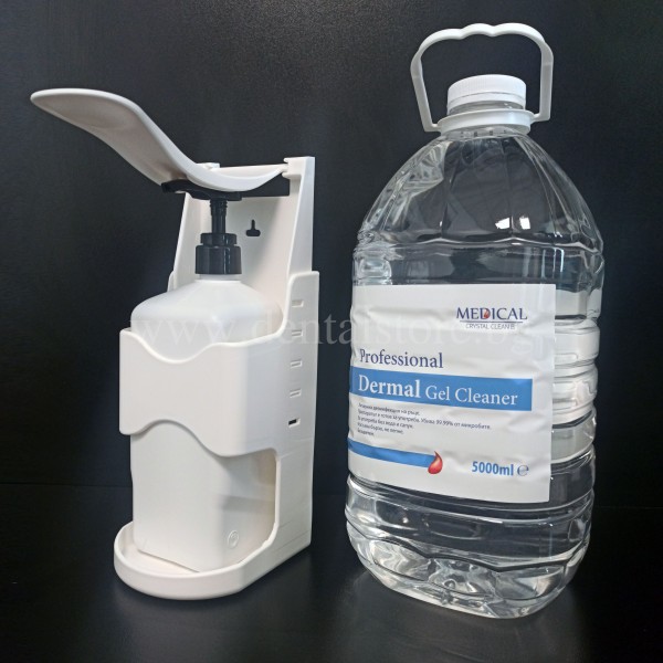 Дезинфектант за ръце - Dermal Gel Cleaner 5Л + ПОДАРЪК Механичен лакътен диспенсър с лост за дезинфектант 1Л, за стена, бял